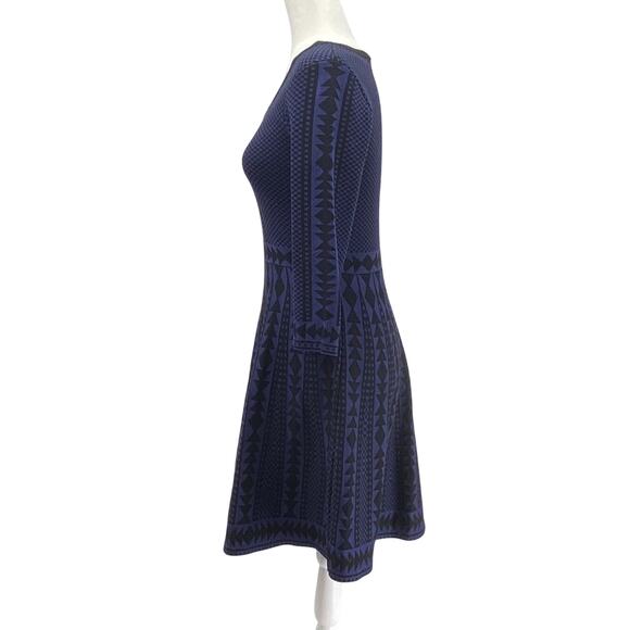 Nina Leonard Medium Sweater Dress Black Blue Geometric Print 3/4 Sleeve Stretch - Picture 2 of 11